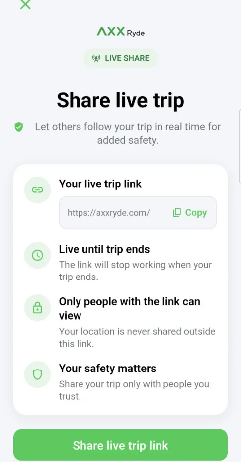 Share your trip with loved ones in the AXX app