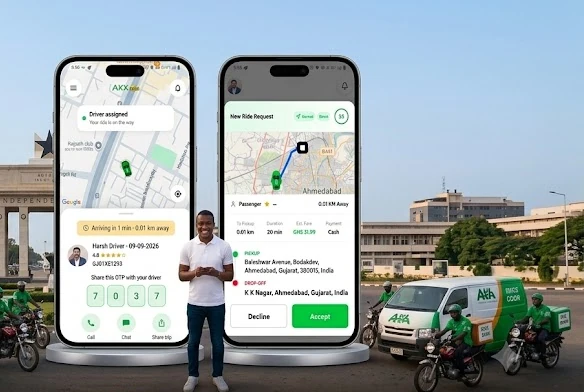 AXX Ryde in Accra: the passenger and driver apps, alongside AXX cars, motorbikes and cargo vans at Independence Arch